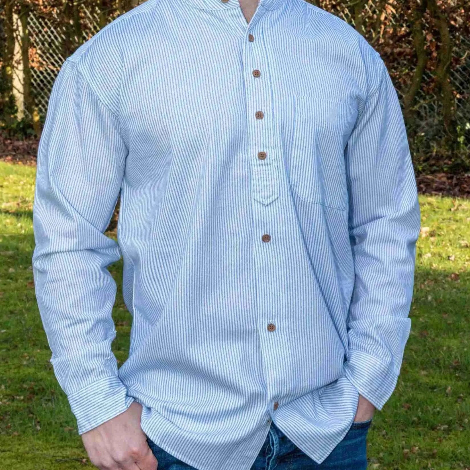 White Irish Grandfather Shirt with blue Cross-Hatching