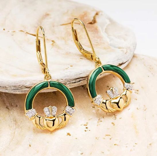 Gold Vermeil Malachite Claddagh Earrings