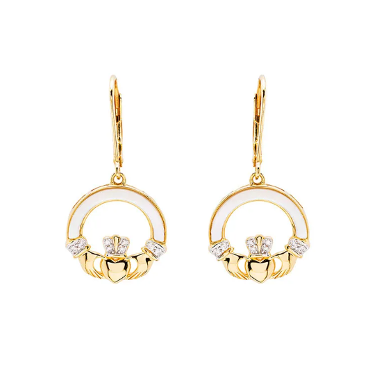 14kt Gold Vermeil Mother of Pearl Claddagh Earrings with White Cubic Zirconia