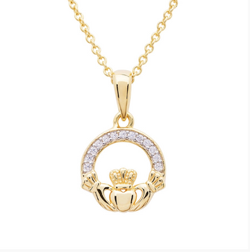 14KT Gold Vermeil Claddagh Necklace Studded with White Cubic Zirconias