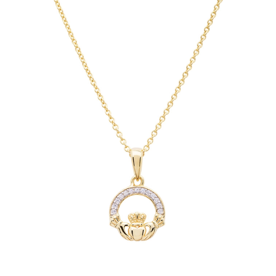 14KT Gold Vermeil Claddagh Necklace Studded with White Cubic Zirconias