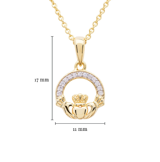 14KT Gold Vermeil Claddagh Necklace Studded with White Cubic Zirconias