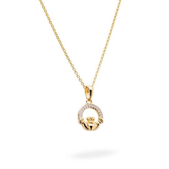 14KT Gold Vermeil Claddagh Necklace Studded with White Cubic Zirconias