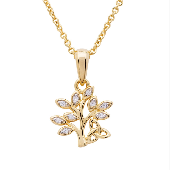 14KT Gold Vermeil Tree of Life Necklace Adorned with White Cubic Zirconias