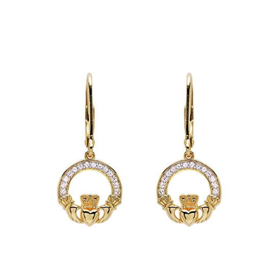 14KT Gold Vermeil Drop Claddagh Earring Studded with White Cubic Zirconias