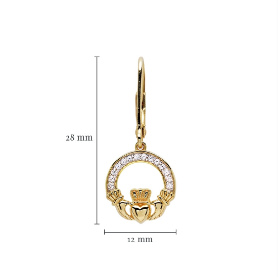 14KT Gold Vermeil Drop Claddagh Earring Studded with White Cubic Zirconias