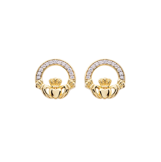 14KT Gold Vermeil Stud Claddagh Earrings Adorned with White Cubic Zirconias