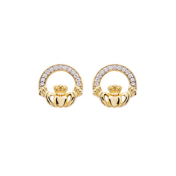 14KT Gold Vermeil Stud Claddagh Earrings Adorned with White Cubic Zirconias