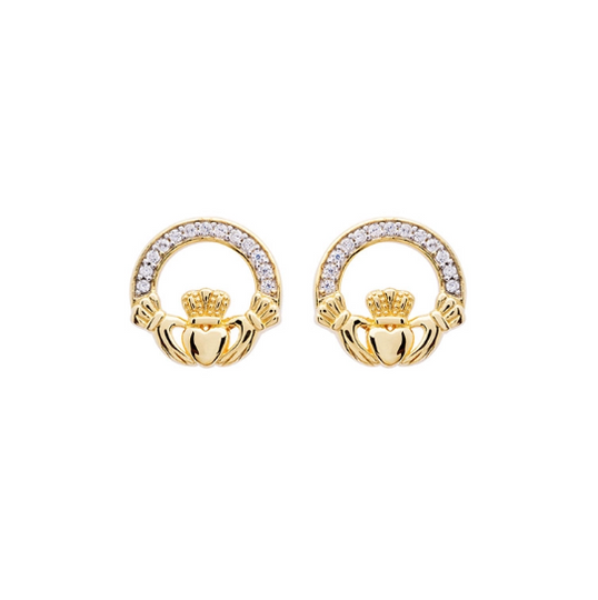 14KT Gold Vermeil Stud Claddagh Earrings Adorned with White Cubic Zirconias