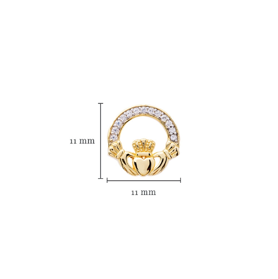 14KT Gold Vermeil Stud Claddagh Earrings Adorned with White Cubic Zirconias