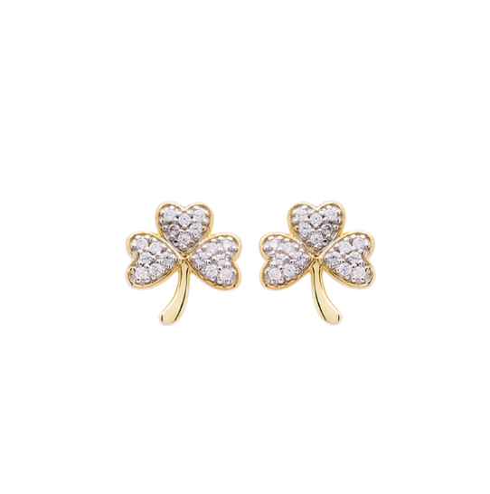 14KT Gold Vermeil Stud Shamrock Earrings Adorned with White Cubic Zirconias