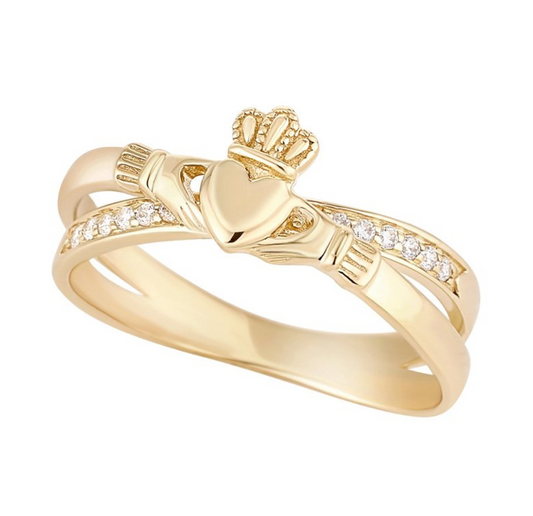 10K gold Claddagh crossover ring on a white background.