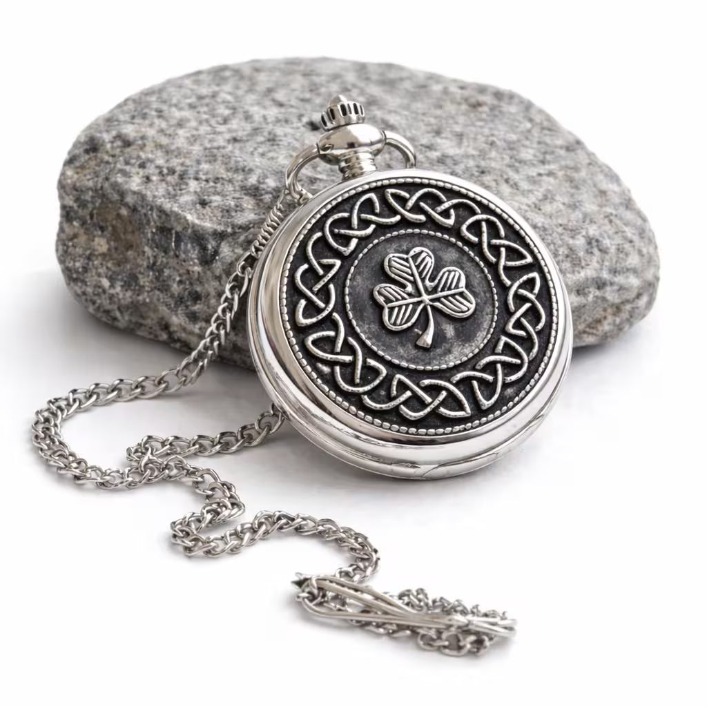 Mullingar Pewter Mechanical Pocket Watch with Shamrock,Pocket Watch