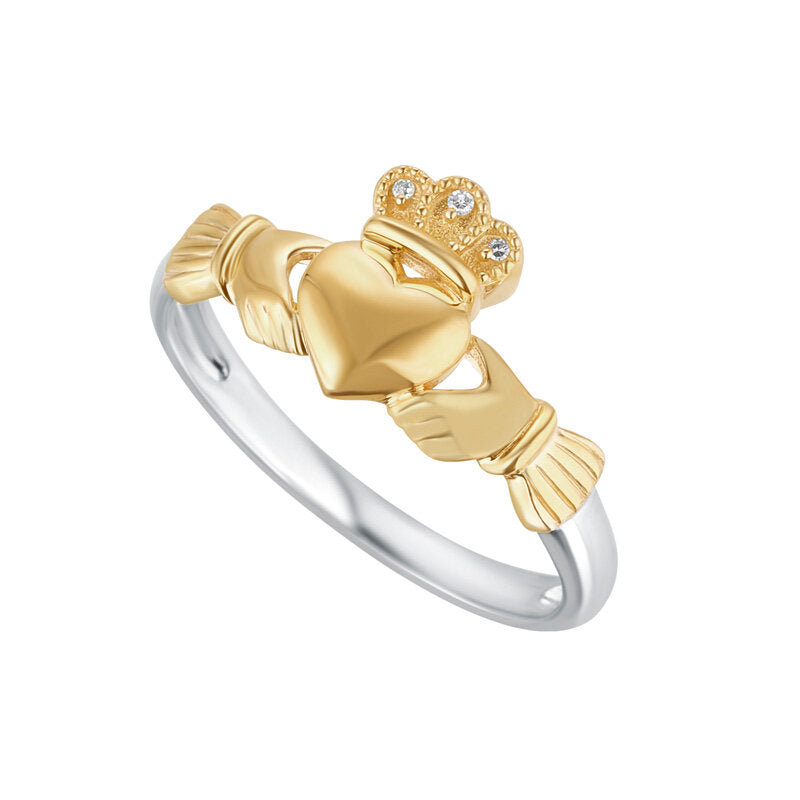 10K Gold And Sterling Silver Diamond Claddagh Ring