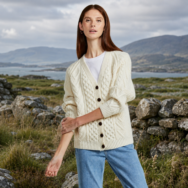 Glenisland Ladies Handknit V-Neck Natural Cardigan