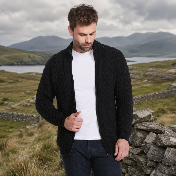 Corraun Mens Aran Zipper Merino Black Cardigan
