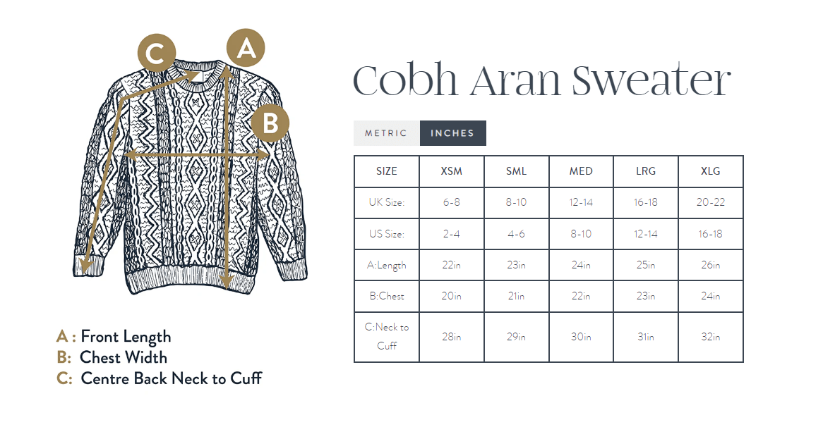 Cobh Aran Ladies Sweater size guide