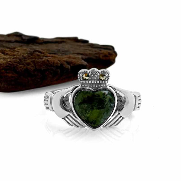 Connemara Marble and Marcasite Claddagh Ring