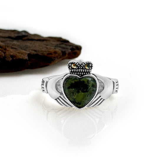 Connemara Marble and Marcasite Claddagh Ring