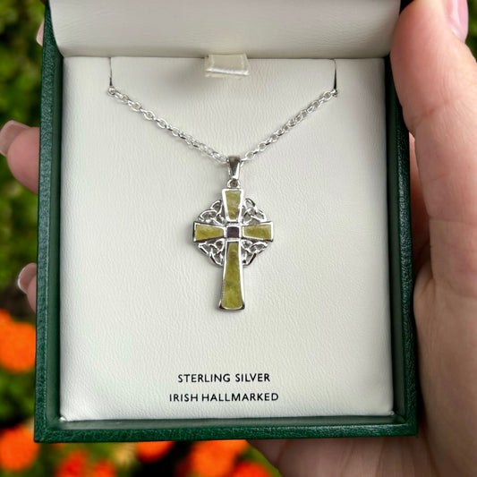 Sterling Silver Celtic Cross Necklace with Connemara Marble