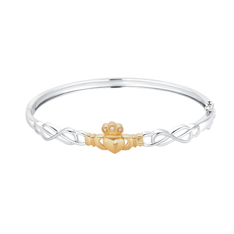 10k Gold And Diamond Sterling Silver Claddagh Bangle