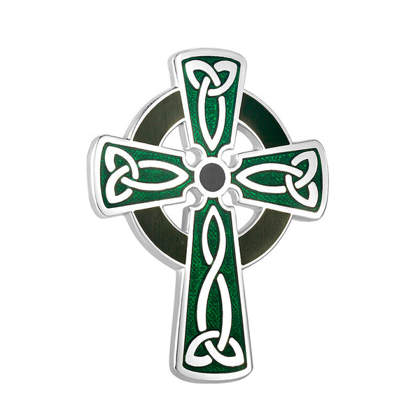 Cross Brooch with Green Enamel