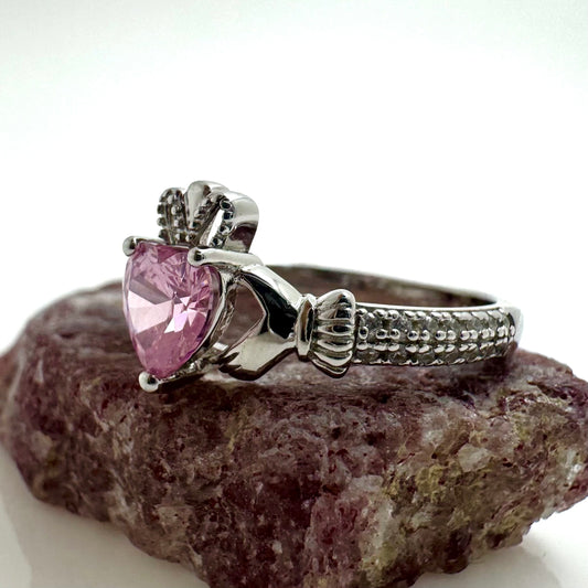 February Birthstone Silver Claddagh Ring