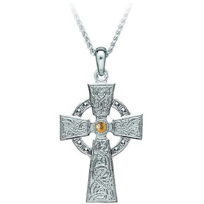 Medium Silver Cross Necklace with Gold Bead