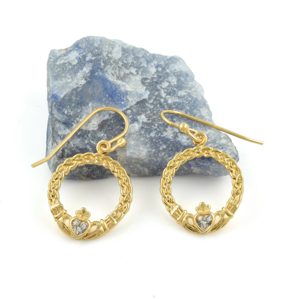 Gold Claddagh Earrings with Cubic Zirconia Diamond in Sterling Silver