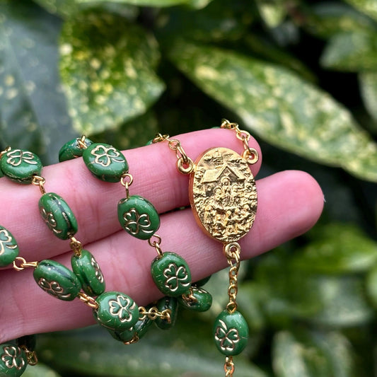 Gilt Shamrock Rosary Beads With Knock Water Center