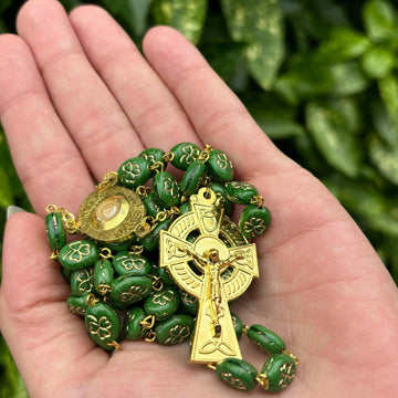 Gilt Shamrock Rosary Beads With Knock Water Center