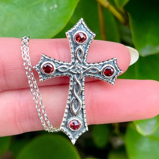 Oxidised Celtic Cross with Garnet