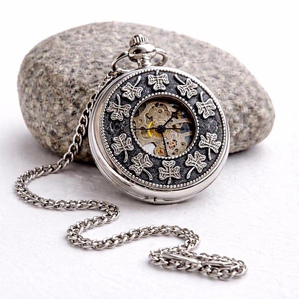 Mechanical Pocket Watch with Shamrock Design