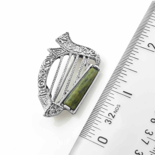 Rhodium Plated Connemara Marble Harp Brooch