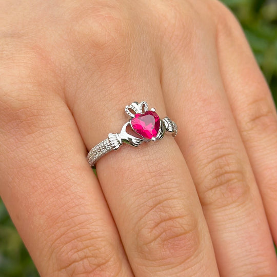 July Birthstone Silver Claddagh Ring