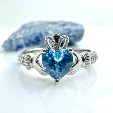 March Birthstone Silver Claddagh Ring