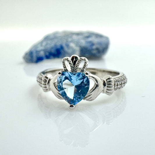 March Birthstone Silver Claddagh Ring