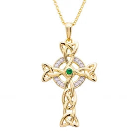 14KT Gold Celtic Cross Necklace with White Crystals