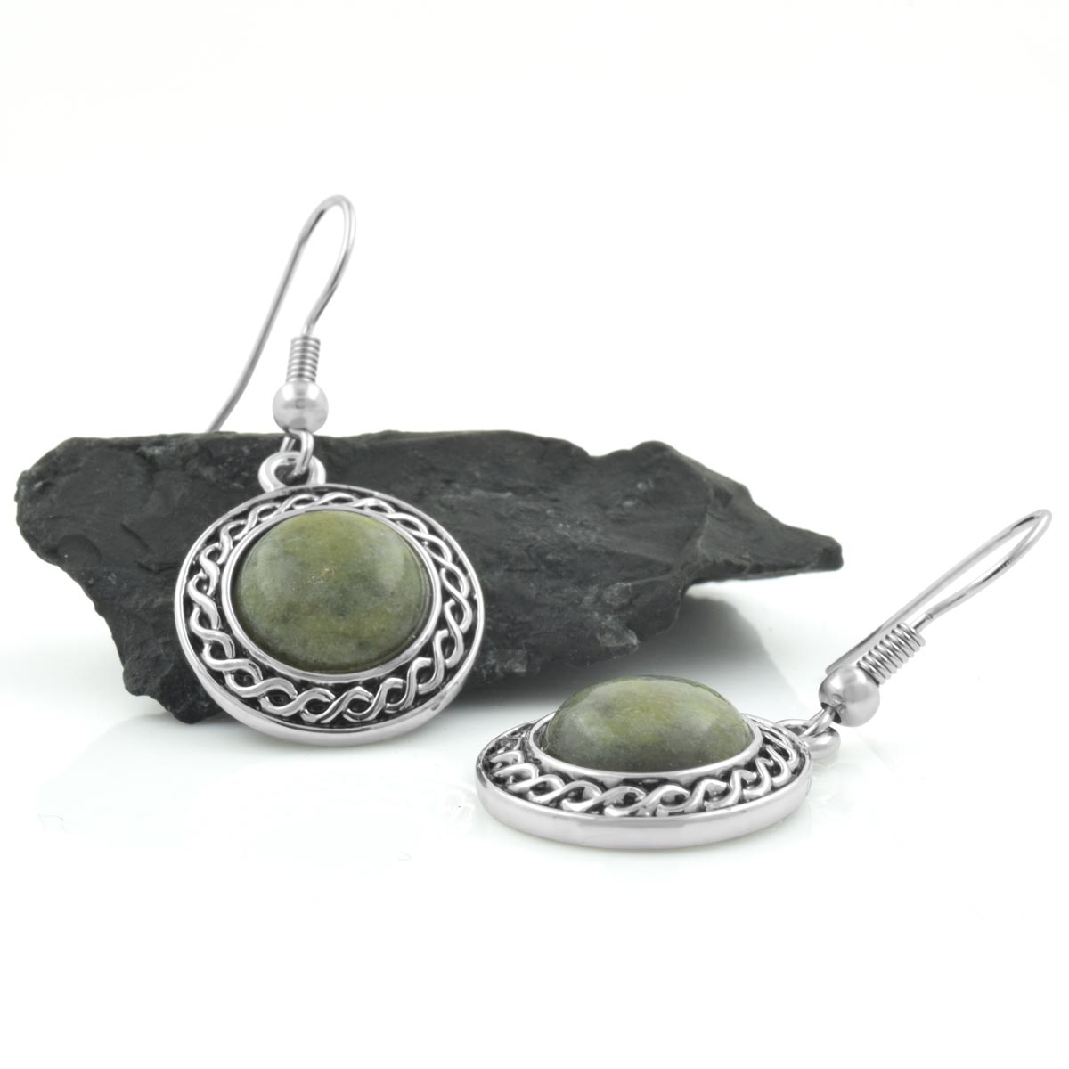 Rhodium Connemara Marble Celtic Drop Earrings