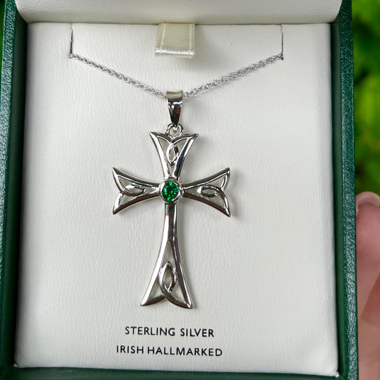 Sterling Silver Celtic Cross Necklace with Emerald