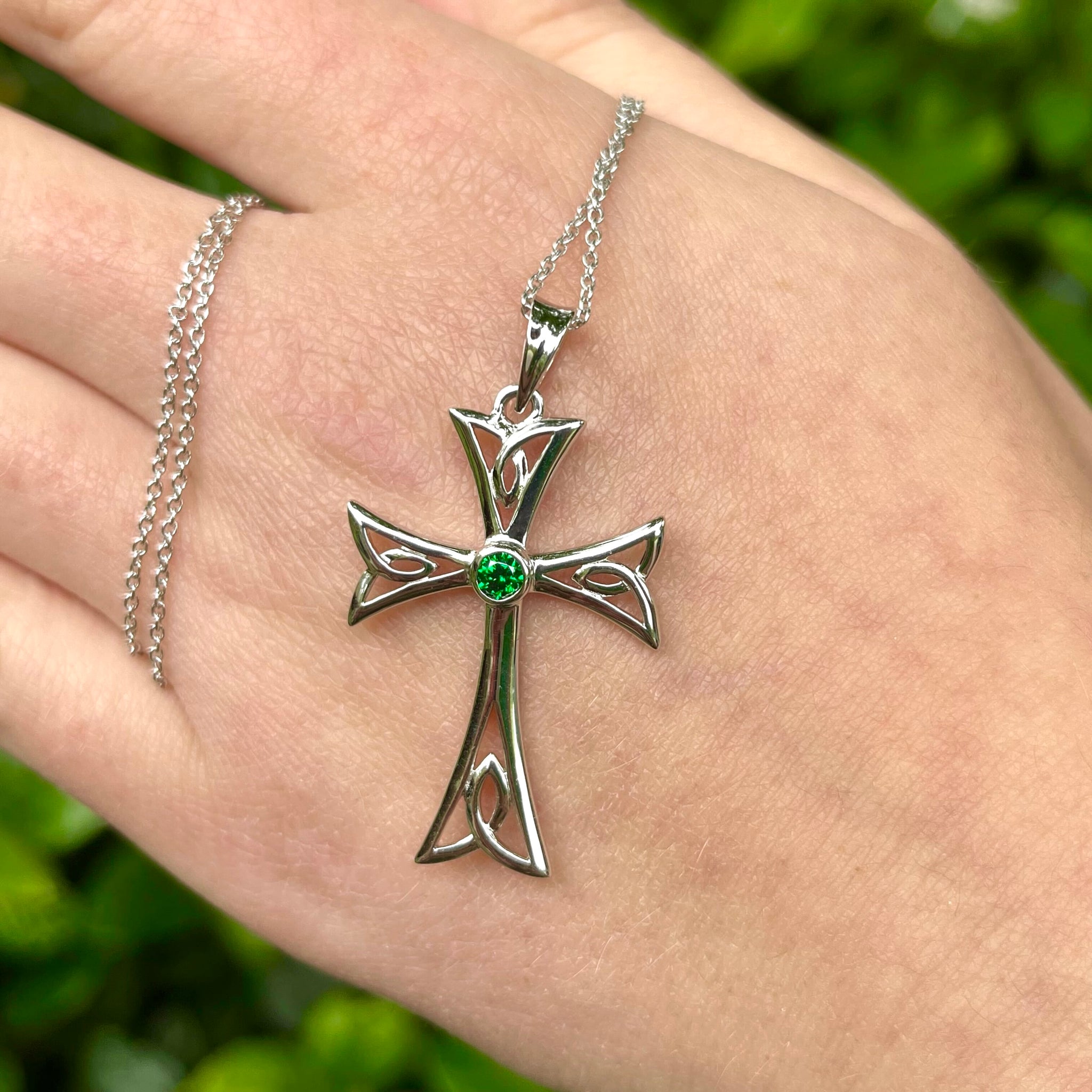 Sterling Silver Celtic Cross Necklace with Emerald