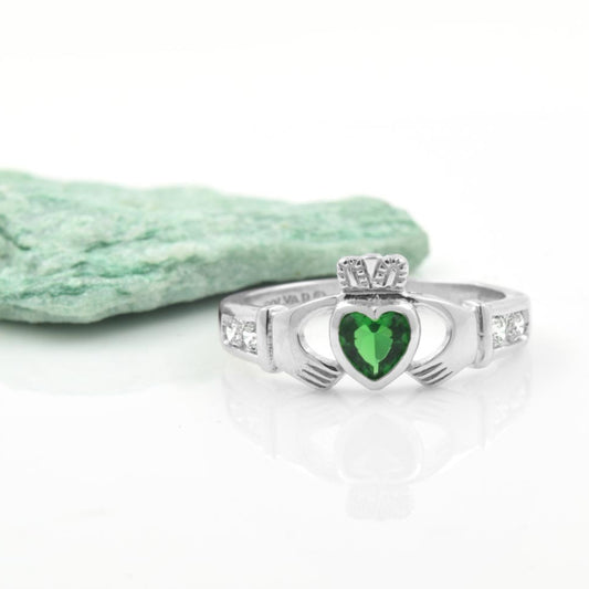 Emerald Cz Claddagh Ring in Sterling Silver