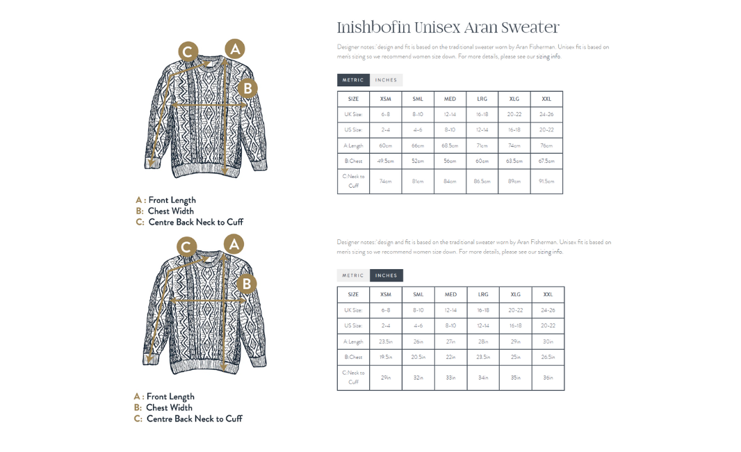 Inishbofin Mens Traditional Aran Natural Sweater size guide