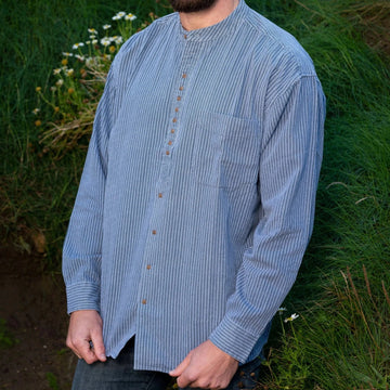 Azure Blue Irish Grandfather Shirt with Sky-Blue Stripes