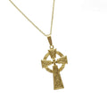 10k Gold Celtic Cross Necklace with Shamrock Design on a white background 