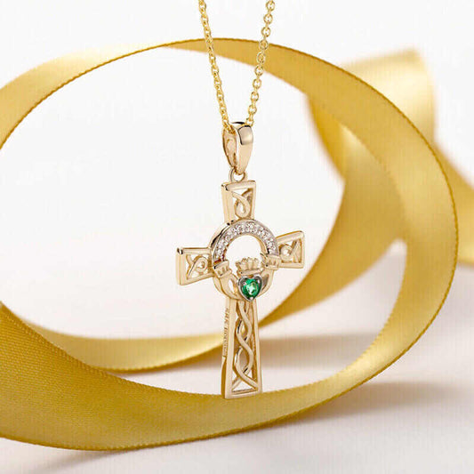 14k Gold Diamond and Emerald Claddagh Cross