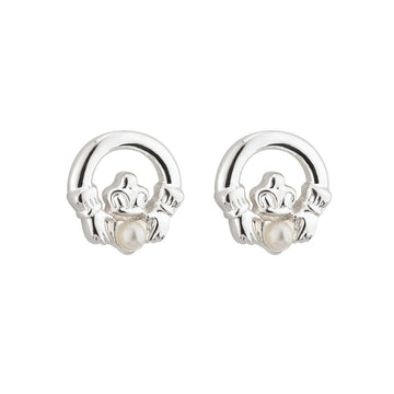 Rhodium Plated Pearl Claddagh Earrings