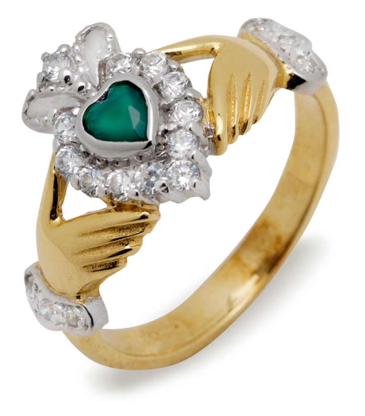 14k Gold Diamond Emerald Claddagh Ring