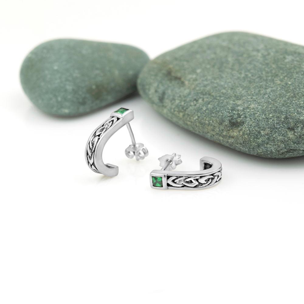 Sterling Silver and Green Cubic Zirconia Celtic Box Earrings