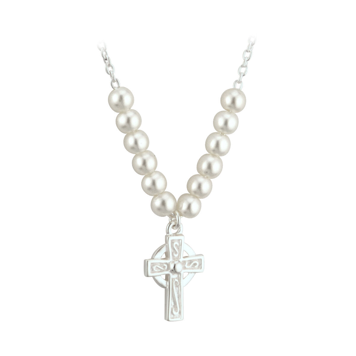 Rhodium Plated Pearl Cross Necklet